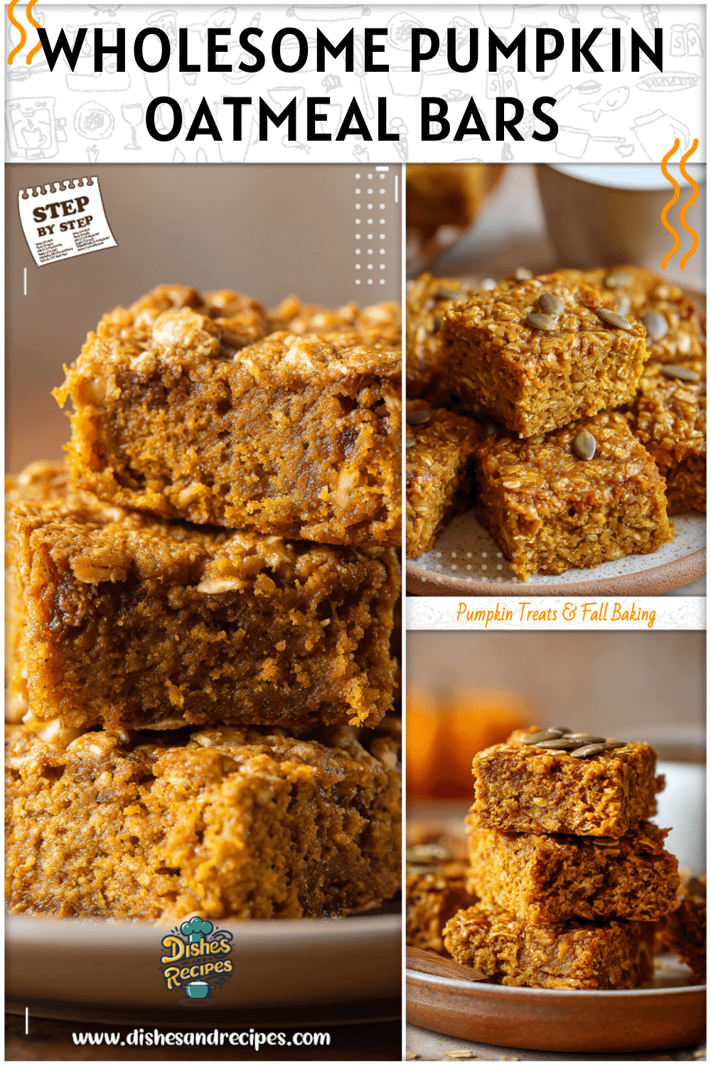 Moist pumpkin oatmeal bars cut into squares on a plate for a gluten free pumpkin breakfast recipe.